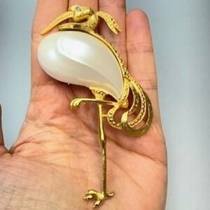 Vintage Trifari Gold Tone Faux Pearl Heron Brooch 3.5" Large Bird Statement
